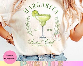May include: A white t-shirt with a green margarita graphic and the text "Margarita Social Club Est. 1942 We Conserve Water".
