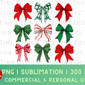 May include: Set of ten watercolor illustrations of bows in various colors and patterns, including red, green, white, and polka dots. The bows are isolated on a white background.