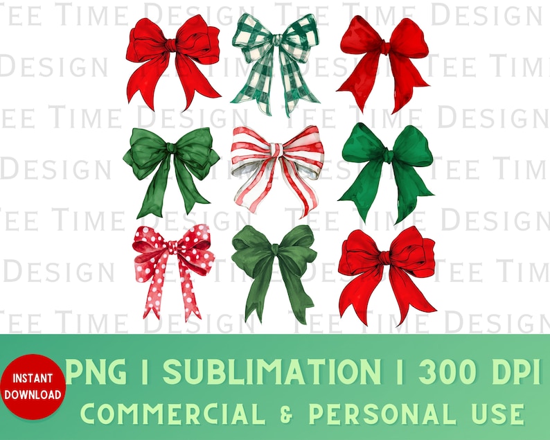 May include: Set of ten watercolor illustrations of bows in various colors and patterns, including red, green, white, and polka dots. The bows are isolated on a white background.
