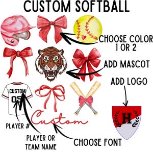 May include: Custom softball design template with a baseball helmet, softball, bats, bow, tiger mascot, and a shield with a letter H. The text says "CUSTOM SOFTBALL", "CHOOSE COLOR 1 OR 2", "ADD MASCOT", "ADD LOGO", "PLAYER #", "PLAYER OR TEAM NAME", "CHOOSE FONT", and "Custom".