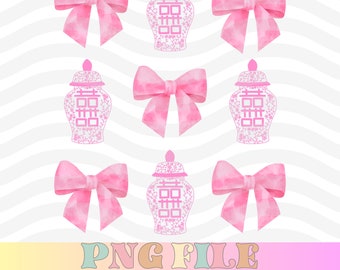 Coquette Pink Ginger Jar PNG, DTF Designs, Ginger Jar png, Chinoiserie png, Coquette Bow png, bow png, Aesthetic png, Preppy Ginger Jar png