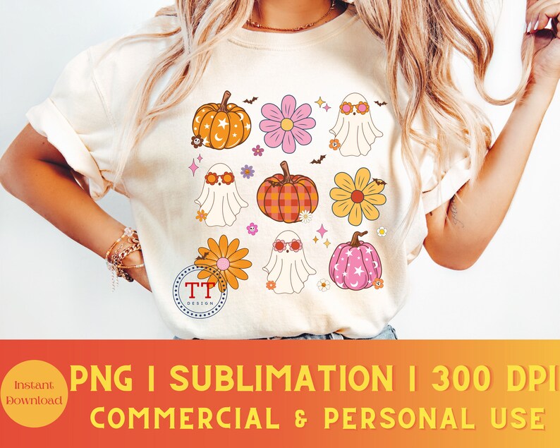 Retro Pumpkin png, Retro Ghost png, Groovy Halloween png, Fun Halloween png, Fall Coquette Bow PNG, Fall vibes, Retro Fall, Cute T-shirt image 4