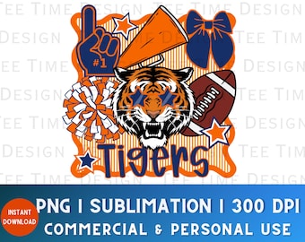 Tijgers preppy mascotteontwerp flirtstrik png, marineblauwe en oranje sportteam grillige rand