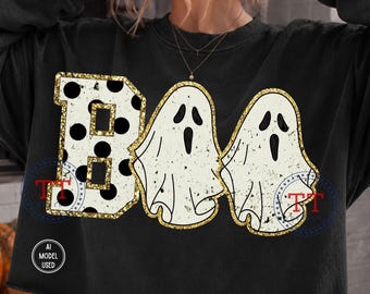 BOO PNG: Vintage Distressed Polka Dot Halloween Varsity Font, Gold Glitter Ghost (Digital Download)