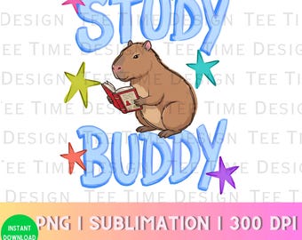 Study Buddy Capybara png, Back to School Design, Trendy Pun Shirt, Bright Preppy (Digital Download)