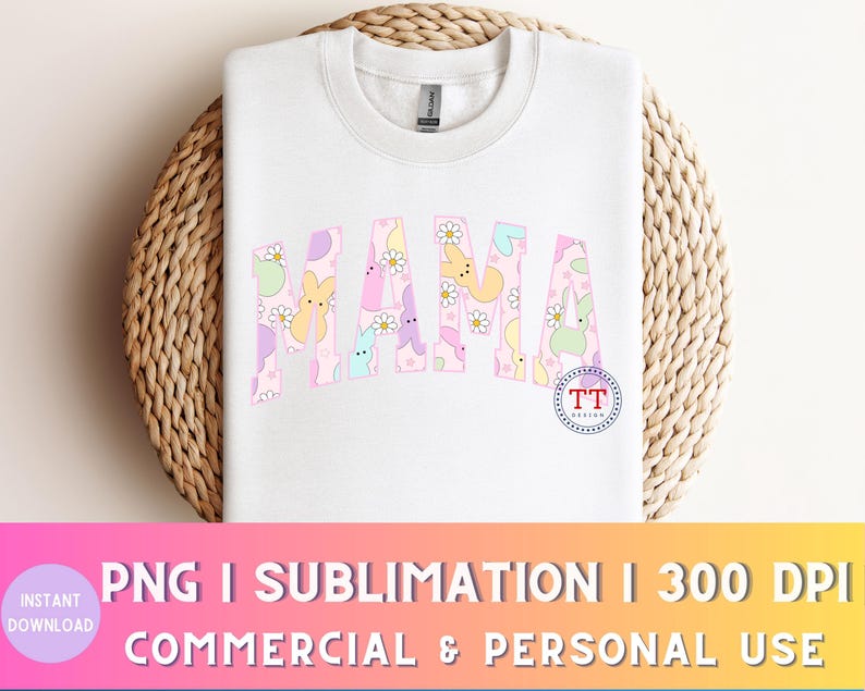 Puede incluir: Un dise&ntilde;o de transferencia por sublimaci&oacute;n blanco con la palabra "MAMA" en letras rosas con un patr&oacute;n de conejito de Pascua pastel y flores. El dise&ntilde;o es perfecto para crear ropa personalizada, tazas, bolsas de mano y otras manualidades.