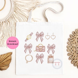 May include: A white tote bag with a pink and gold design featuring a watch, a purse, earrings, a necklace, perfume, and bows. The text "TT Design" is in the bottom right corner.
