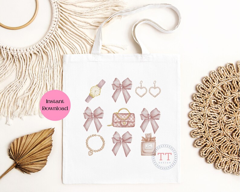 May include: A white tote bag with a pink and gold design featuring a watch, a purse, earrings, a necklace, perfume, and bows. The text "TT Design" is in the bottom right corner.