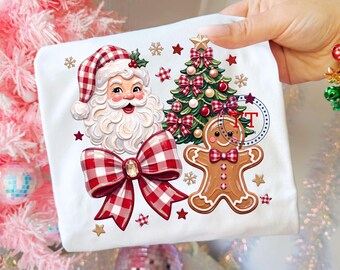 Santa PNG, Red Gingham Check Coquette Bow, Thick Impasto Paint Brushstroke Vintage Design,  Acrylic Paint Country Christmas, Gingerbread Man