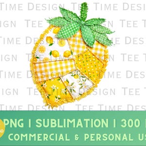 Puede incluir: Un gráfico digital de un diseño en forma de limón con un patrón de patchwork. El diseño presenta cuadros amarillos y blancos, lunares y estampados florales. La parte superior tiene hojas verdes. El texto incluye "PNG I SUBLIMATION I 300 DPI" y "COMMERCIAL & PERSONAL USE."