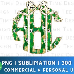 May include: A green and gold monogram letter "B" with a black and white polka dot bow. The monogram is surrounded by a green and gold camouflage pattern.