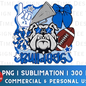 Bulldogs Preppy Mascot Design Coquette Bow PNG Blue Gray White Sports Team Whimsical Border