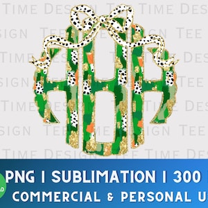 May include: A green, white and gold monogram with a black and white polka dot bow. The monogram is in the shape of a letter "A". The background is white. PNG I SUBLIMATION I 300 DPI COMMERCIAL & PERSONAL USE