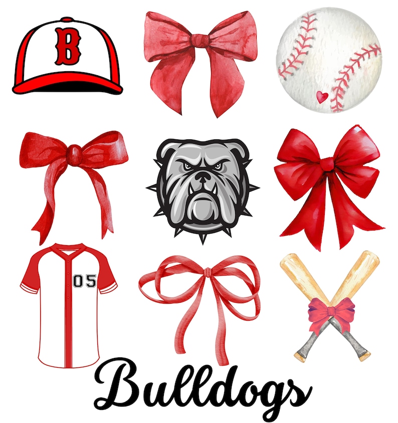 Pu&ograve; includere: Un set di immagini clipart digitali a tema rosso e bianco con una palla da baseball, un berretto da baseball, una mascotte bulldog, una maglia e fiocchi. Il testo "Bulldogs" &egrave; scritto in nero nella parte inferiore dell'immagine.