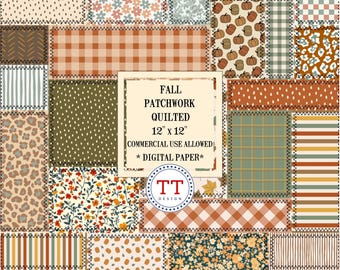 Fall Patchwork Seamless Pattern, Autumn Plaid, Pumpkins, Floral, Polka Dots, Gingham, Checkered, Embroidered JPG, Digital Download