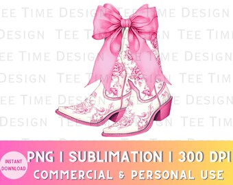 Coquette Valentine Cowgirl Stiefel PNG Preppy Chinoiserie Grandmillenial Western Coastal Cowgirl Stiefel Rosa Coquette Bow png Dtf Sublimation