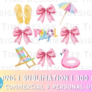 May include: A set of digital clipart images featuring a pink flamingo pool float, a beach chair, a pair of flip flops, a pink bow, and a beach umbrella. The text "Pool Party" is also included in the set.