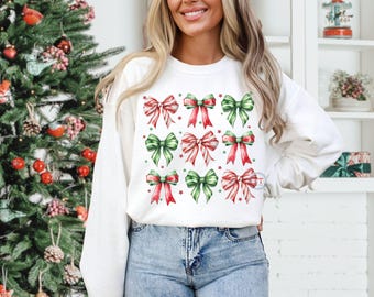 Coquette Candy Cane Bows PNG, Trendy Grid 3X3 Christmas Shirt, Holiday Girly Design