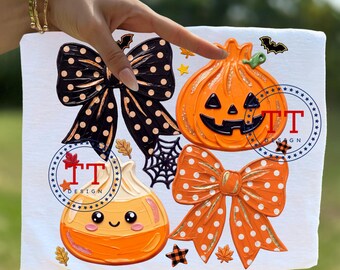Halloween Dumpling PNG, Trendy Kawaii T-shirt design, Coquette Bows, Brushstroke Paint, Candy Corn Pumpkin Spooky Season