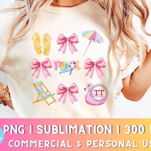May include: A white t-shirt with a pink and yellow summer themed design. The design includes flip flops, bows, a pool float, a flamingo, a beach chair, and the text "Pool Party".