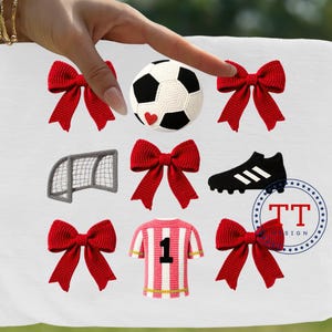 May include: A white background features a soccer ball with a heart, a soccer cleat, a goal, a jersey with the number 1, and six red bows. The items are arranged in a grid pattern. A logo with the letters "TT" is in the bottom right corner.