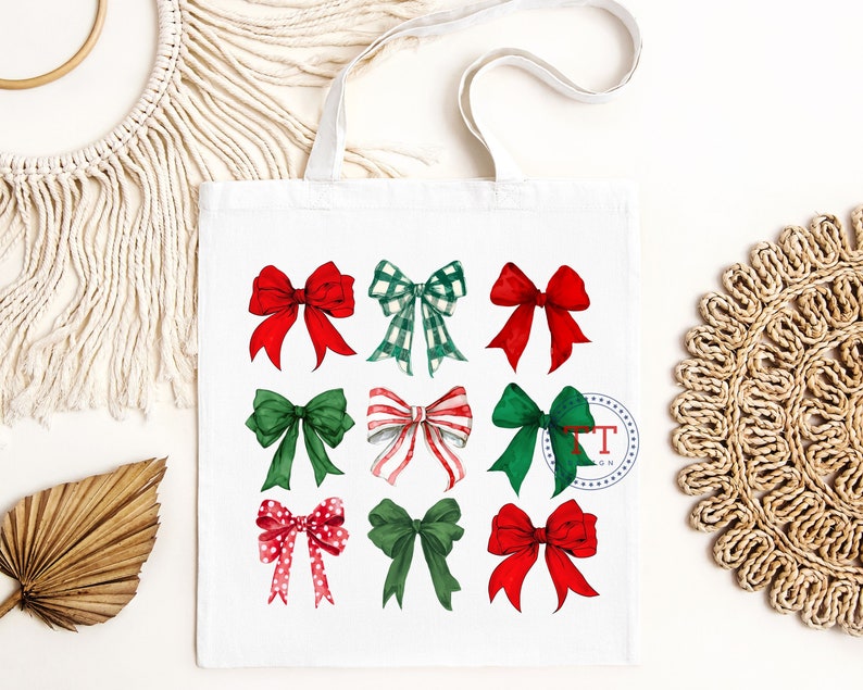May include: A white tote bag with a design of nine red and green bows. The bows are in various patterns, including plaid, polka dots, and solid colors.