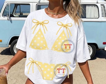 Yellow Polka Dot Bikini PNG, Faux Fabric Retro Swimsuit Design, Coquette Beach Shirt, Coastal Preppy Design