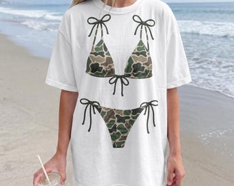 Faux Fabric Camo Bikini PNG, Hunting Swimsuit Design, Coquette Camouflage Beach Shirt, Coastal Preppy Design