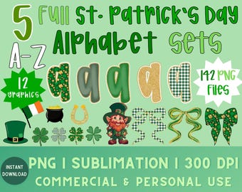 St. Patrick's Day Doodle Alpha PNG, A-Ö Preppy Bubble Letter Font Bundle Coquette Rosette, Gingham Shamrocks Alphabet, Trendig Alfabet Clipart