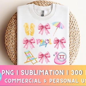 May include: A white sublimation design featuring a pink flamingo, a beach umbrella, flip flops, a pool float, and a beach chair. The design also includes pink bows and the text "Pool Party".