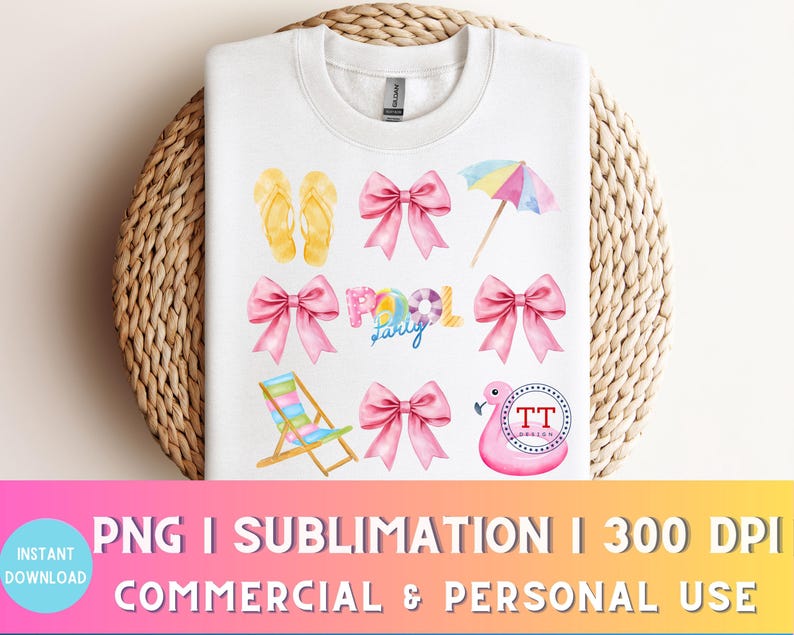 May include: A white sublimation design featuring a pink flamingo, a beach umbrella, flip flops, a pool float, and a beach chair. The design also includes pink bows and the text "Pool Party".