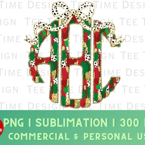 May include: A gold glitter monogram with a red, green, and white striped pattern and a black and white polka dot bow. The monogram is in the shape of the letters "ABC".