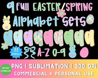 Easter Doodle Alpha PNG, A-Z Preppy Bubble Letter Font Bundle Coquette Bow, Gingham Alphabet, Trendy Retro Spring Clipart