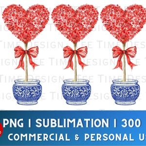 Topiario de corazón rojo para el día de San Valentín, chinoiserie, coqueta, tarro de jengibre, Toile Du Jouy, diseño grandmillenial dtf, 3 diseños, clipart, descarga digital