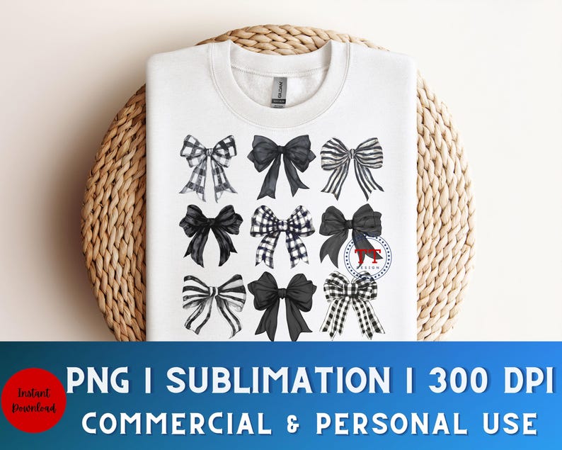 May include: A white t-shirt with a design of nine black and white bows. The bows are arranged in three rows of three. The design is perfect for sublimation.