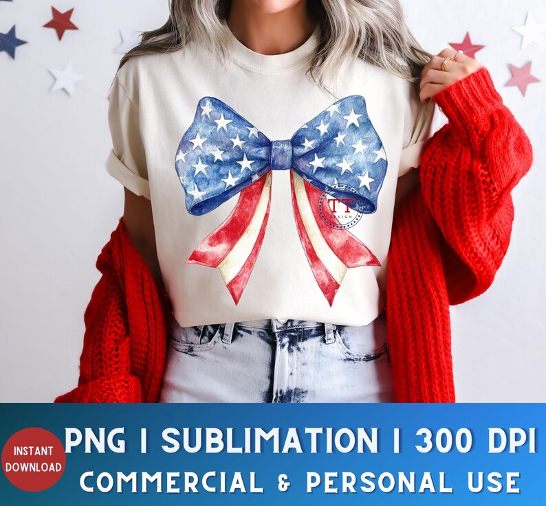 May include: Cream-colored t-shirt featuring a watercolor bow design in red, white, and blue, with a star pattern on the blue sections. The shirt is part of a patriotic theme, perfect for Independence Day celebrations.