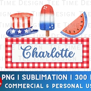May include: A red and white checkered background with a blue and white striped popsicle, a red and white watermelon slice, and a blue and white striped top hat. The text "Charlotte" is written in blue on a white rectangle.