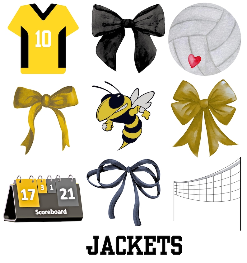Peut inclure: Un ensemble de neuf images clipart num&eacute;riques repr&eacute;sentant un maillot jaune et noir avec le num&eacute;ro 10, un n&oelig;ud noir, un ballon de volley-ball gris avec un c&oelig;ur rouge, un n&oelig;ud jaune, un mascotte abeille jaune et noir, un n&oelig;ud dor&eacute;, un tableau d'affichage noir et blanc avec les chiffres 17, 3, 1 et 21, un n&oelig;ud bleu marine et un filet de volley-ball noir et blanc.