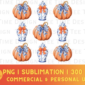 May include: A digital download of 10 watercolor illustrations featuring pumpkins and blue and white ginger jars with orange bows. The illustrations are perfect for fall crafts, scrapbooking, and other creative projects.