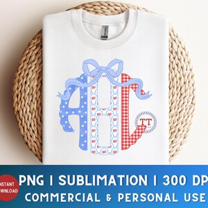 May include: White sweatshirt with a patriotic monogram design. The monogram features the letters "AHC" in blue, red, and white patterns, including stars, flags, and gingham. A blue bow and ribbon accent the top. The design includes the text "PNG I SUBLIMATION I 300 DPI COMMERCIAL & PERSONAL USE."