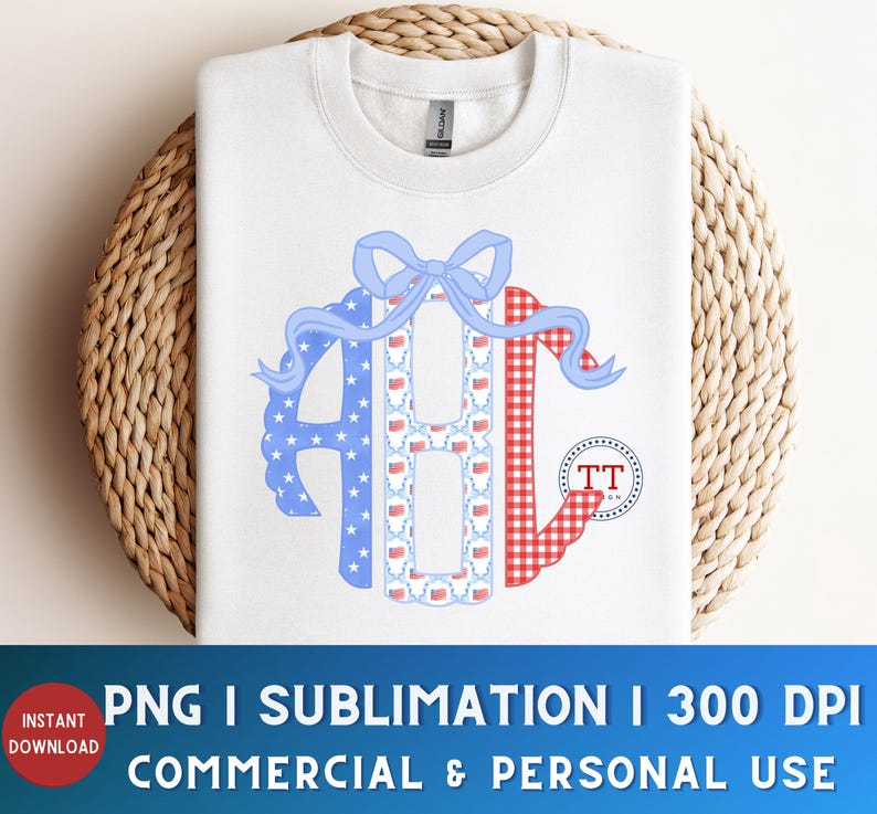 May include: White sweatshirt with a patriotic monogram design. The monogram features the letters "AHC" in blue, red, and white patterns, including stars, flags, and gingham. A blue bow and ribbon accent the top. The design includes the text "PNG I SUBLIMATION I 300 DPI COMMERCIAL & PERSONAL USE."