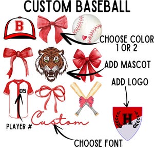 Pu&ograve; includere: Design di baseball personalizzabile con opzioni di colore, mascotte, logo e font. Il design include una palla da baseball, una maglia, una mascotte di tigre, un fiocco e uno scudo con una lettera H.