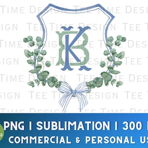 Eucalyptus Watercolor Crest Grandmillennial PNG Greenery Wedding Crest Invitation Watercolor Bow Monogram Coastal Grandma Design