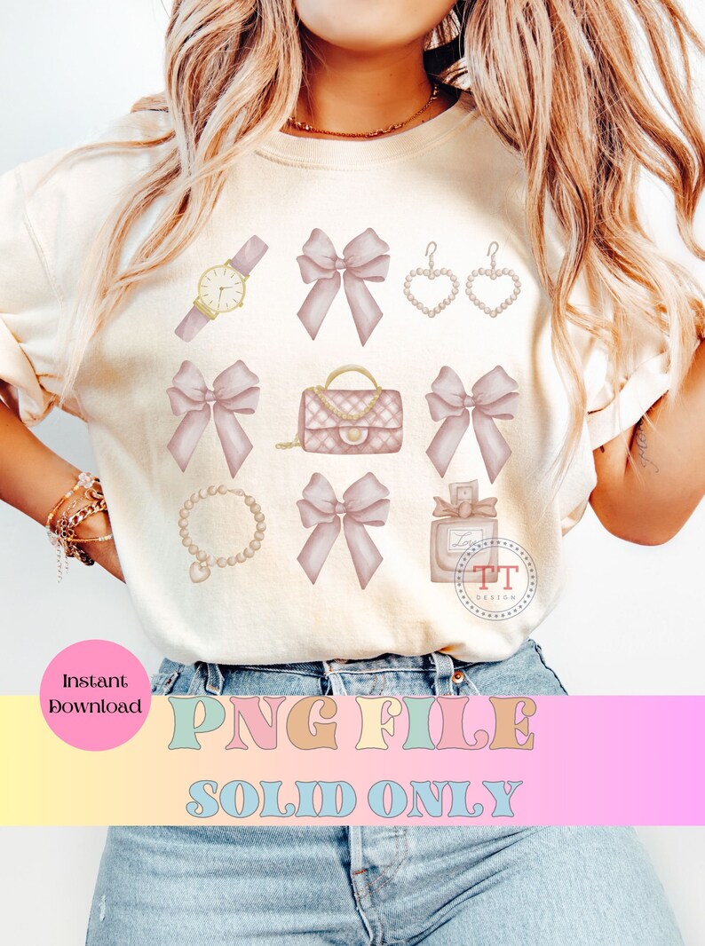 May include: A digital download of a set of 8 pink and gold watercolor illustrations. The illustrations include a watch, a purse, a pair of earrings, a necklace, and four bows. The text "PNG FILE SOLID ONLY" is at the bottom of the image.