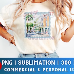 Greetings from Charleston png, Charleston South Carolina png, destination wedding, bachelorette party, vintage stamp png, trendy, preppy png