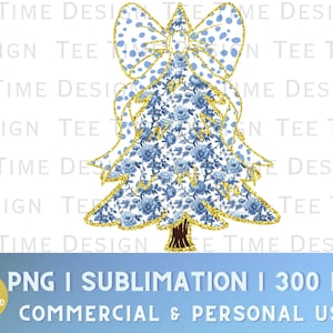 Glitter Blue Chinoiserie Christmas Tree Png, Dalmation Dot Bow, Vintage Toile Christmas Tree Png, Christmas Sublimation Design Download