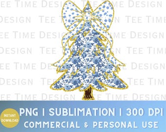 Glitter Blue Chinoiserie Christmas Tree Png, Dalmation Dot Bow, Vintage Toile Christmas Tree Png, Christmas Sublimation Design Download