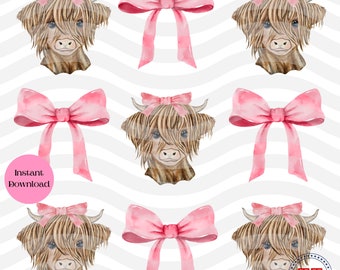 May include: Nine digital illustrations of a Highland cow with a pink bow on its head. The cow is brown and white with long, shaggy hair. The background is a white and pink striped pattern.