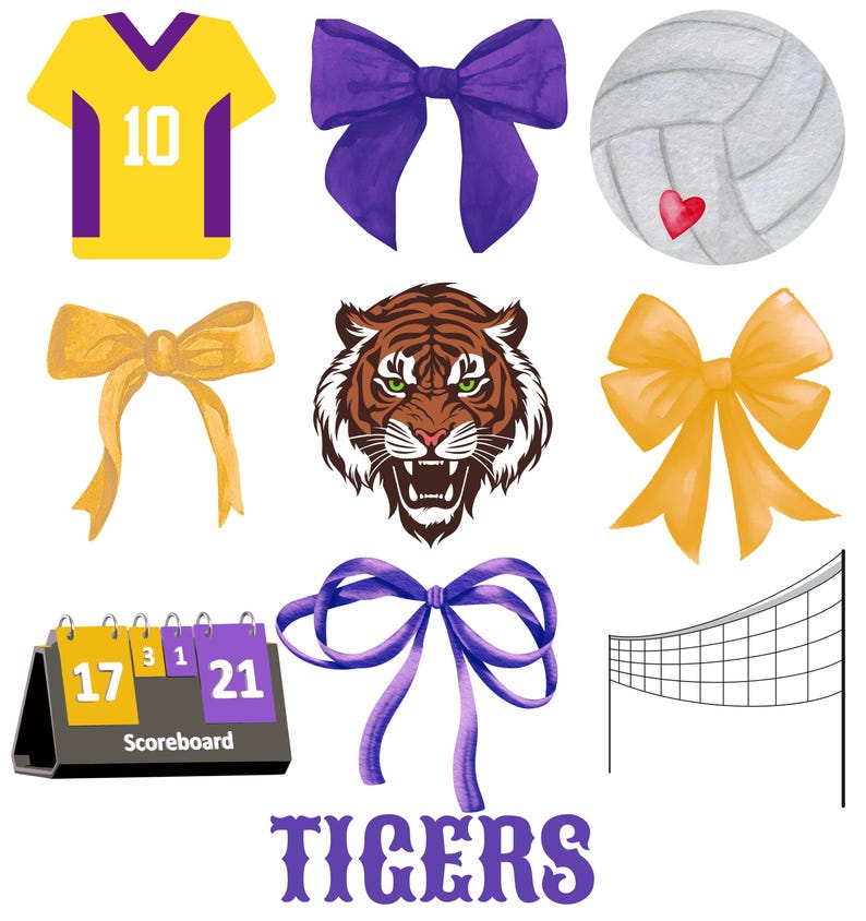 Peut inclure: Un ensemble de neuf images clipart num&eacute;riques repr&eacute;sentant un tigre mascotte, un ballon de volley-ball, un tableau d'affichage, un maillot et quatre n&oelig;uds en violet et jaune. Le texte "TIGERS" est affich&eacute; dans une grande police stylis&eacute;e.