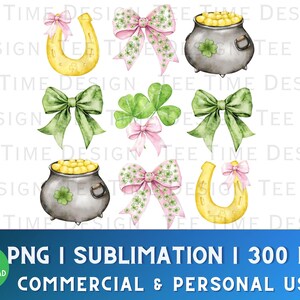 May include: A set of eight watercolour illustrations featuring St. Patrick's Day themed elements. The illustrations include a pot of gold, a horseshoe, a shamrock, and a bow. The illustrations are perfect for use in digital scrapbooking, card making, and other craft projects.